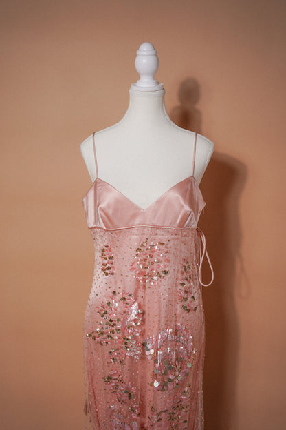 Valentino 00’s Pink Sequin Embellished Evening Gown — Close-up of the front bodice and sequin skirt
