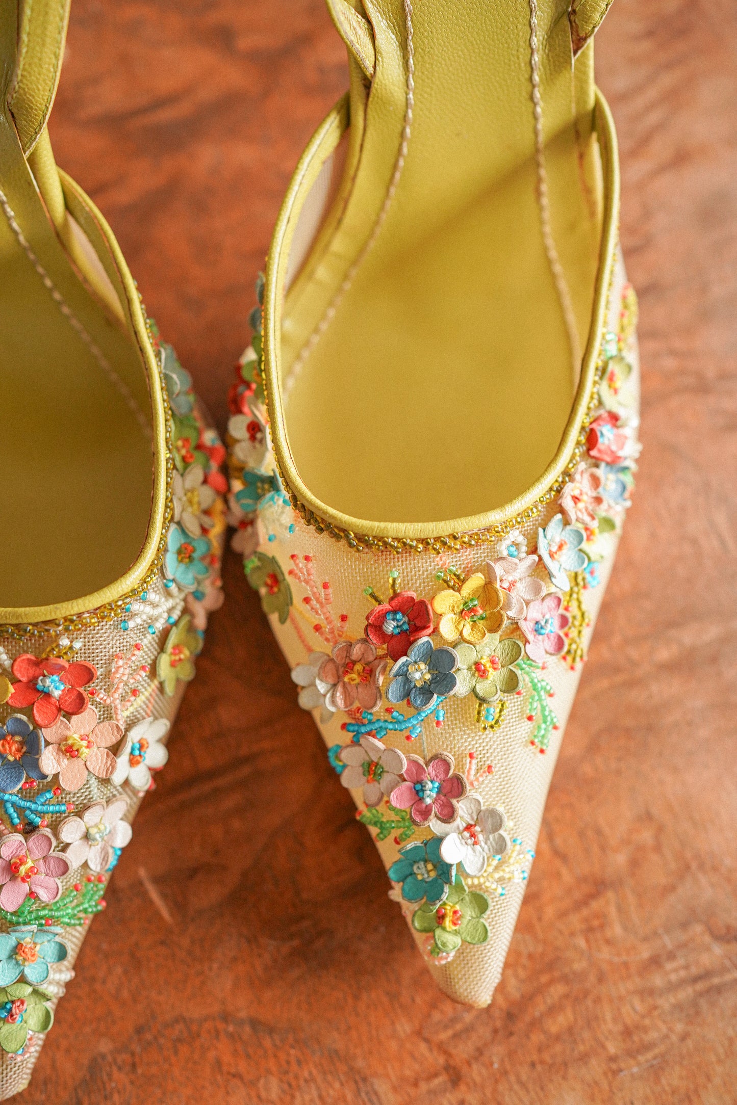 René Caovilla Floral Appliqué Embroidered Slingback Heels (38)