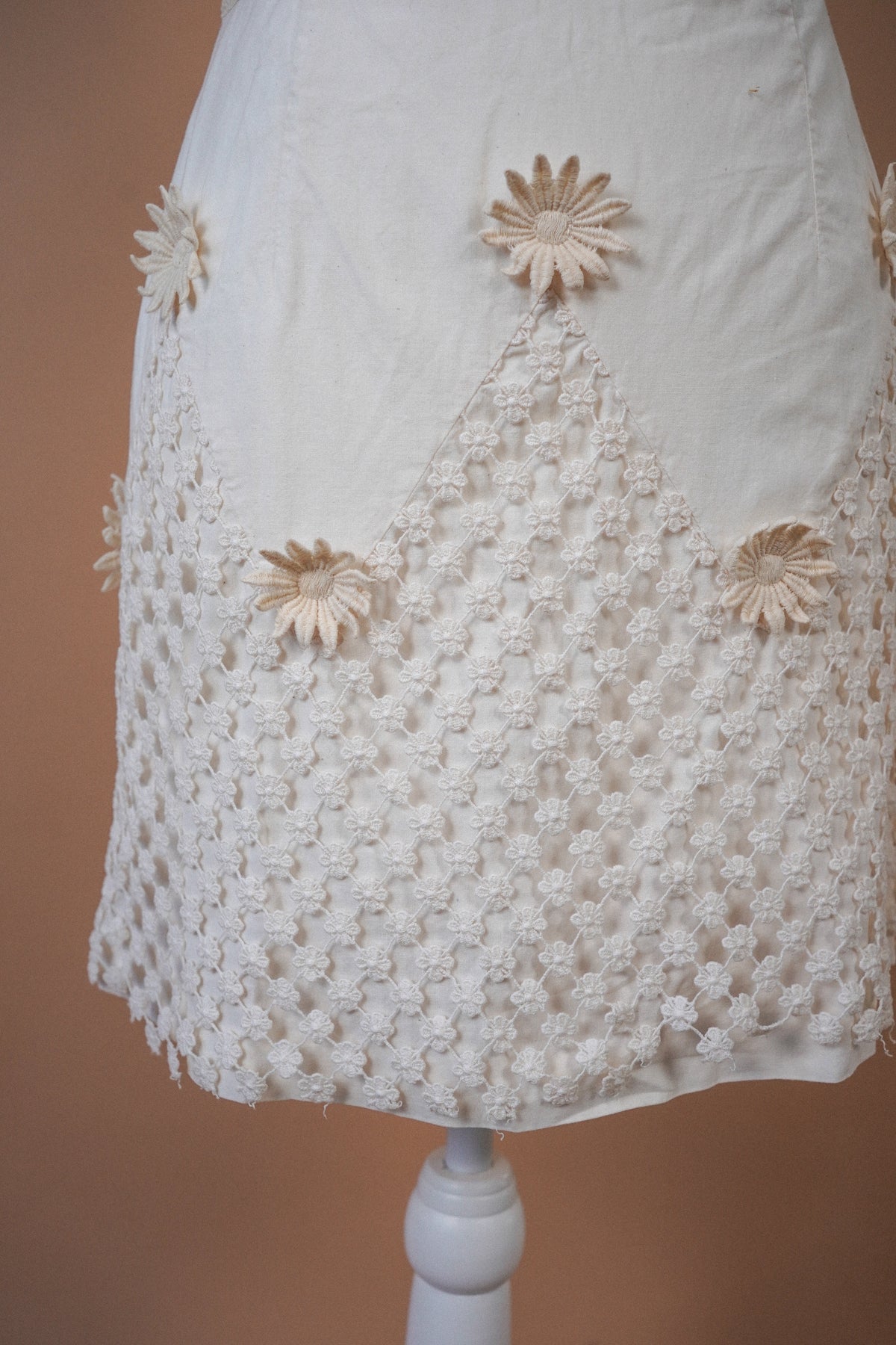 Moschino Cheap and Chic Ivory Floral Crochet Daisy Mini Dress — Close-up of crochet skirt and daisy appliqués