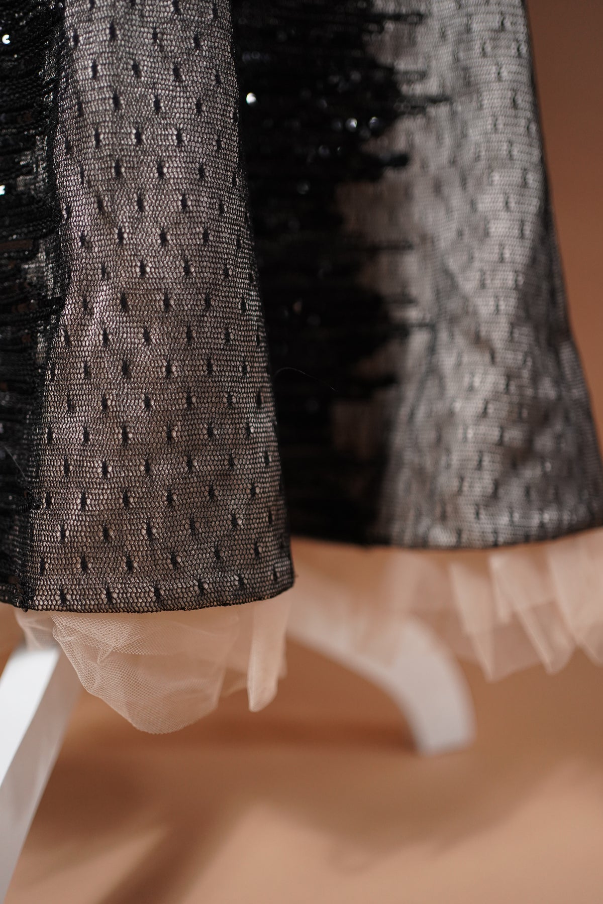 Giorgio Armani FW 1999 Runway Black Sequin Evening Gown — Detail of the patterned fabric and sheer hem
