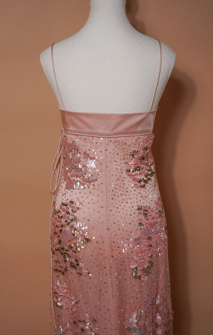 Valentino 00’s Pink Sequin Embellished Evening Gown — Close-up of the back bodice and embellished skirt