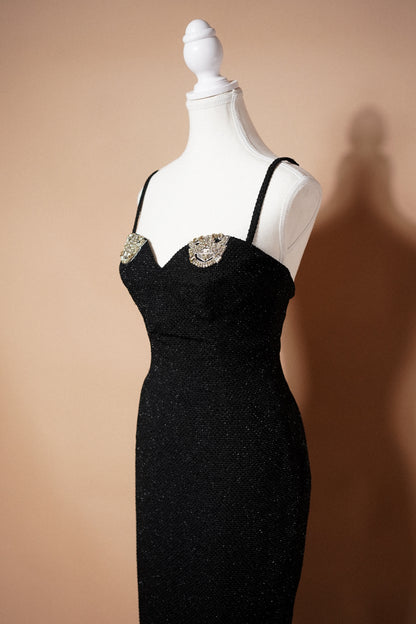 Christian Dior Boutique FW 1995 Runway Black Embellished Evening Gown — Angled view of the fitted bodice