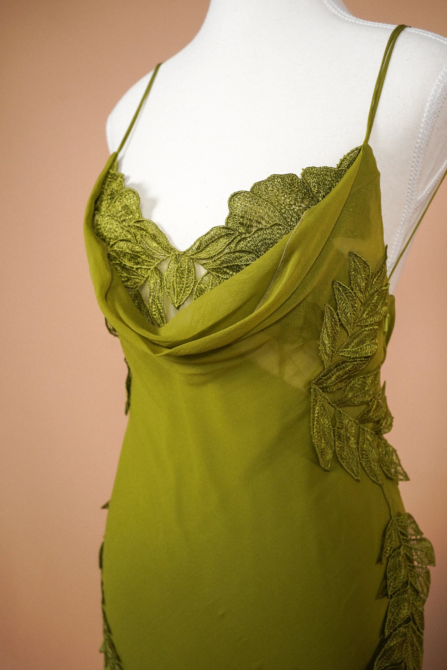 Alberta Ferretti Olive Green Silk Leaf Appliqué Slip Dress (M)