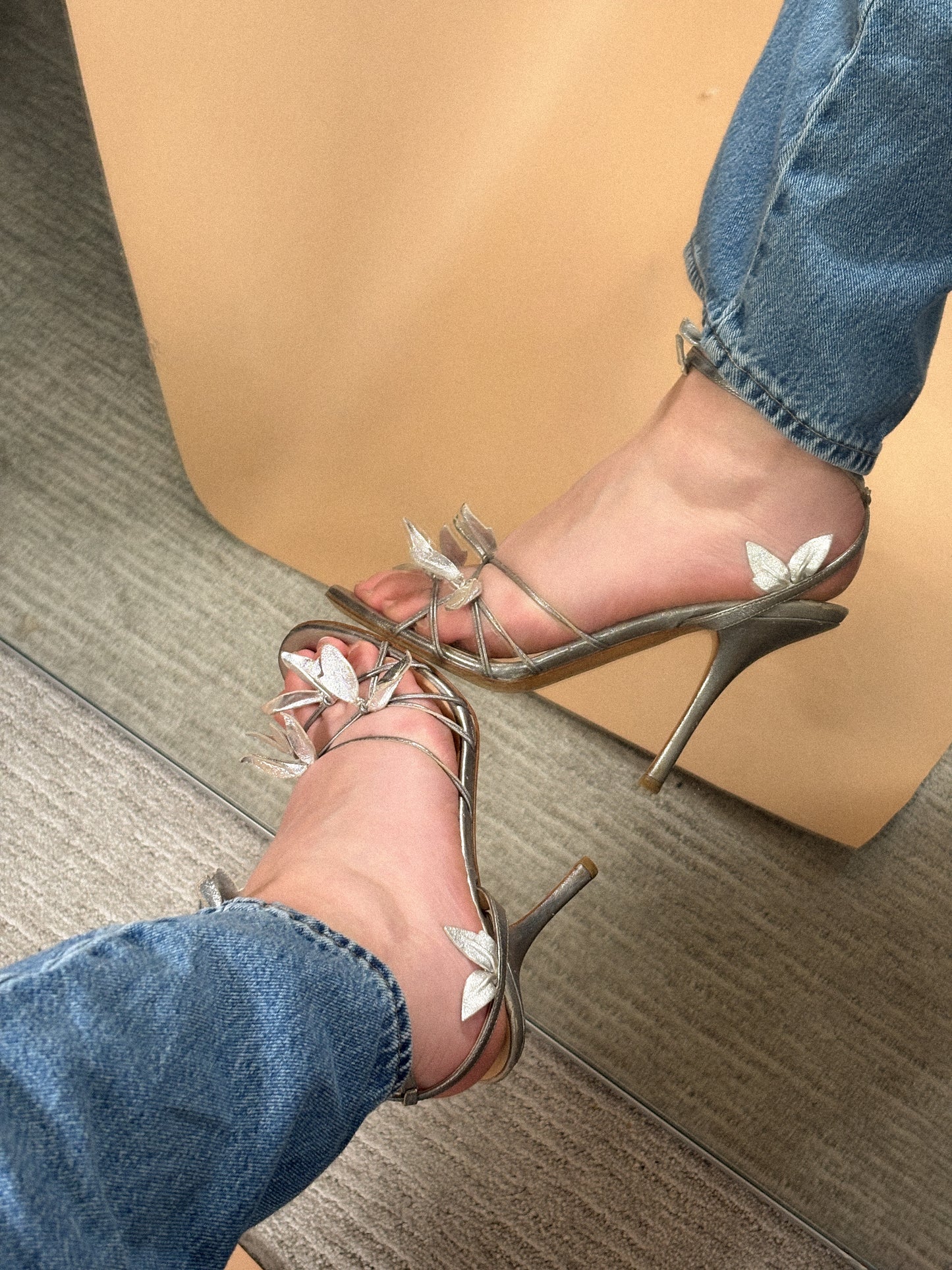 Prada Silver Leaf Embellished Strappy Heels (38)