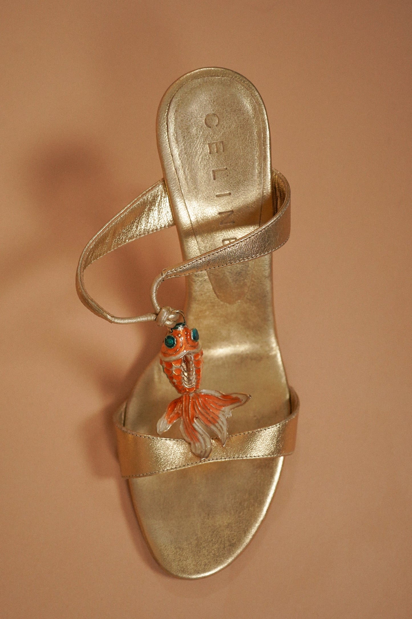 CELINE Goldfish Charm Metallic Leather Heeled Sandals (35.5)