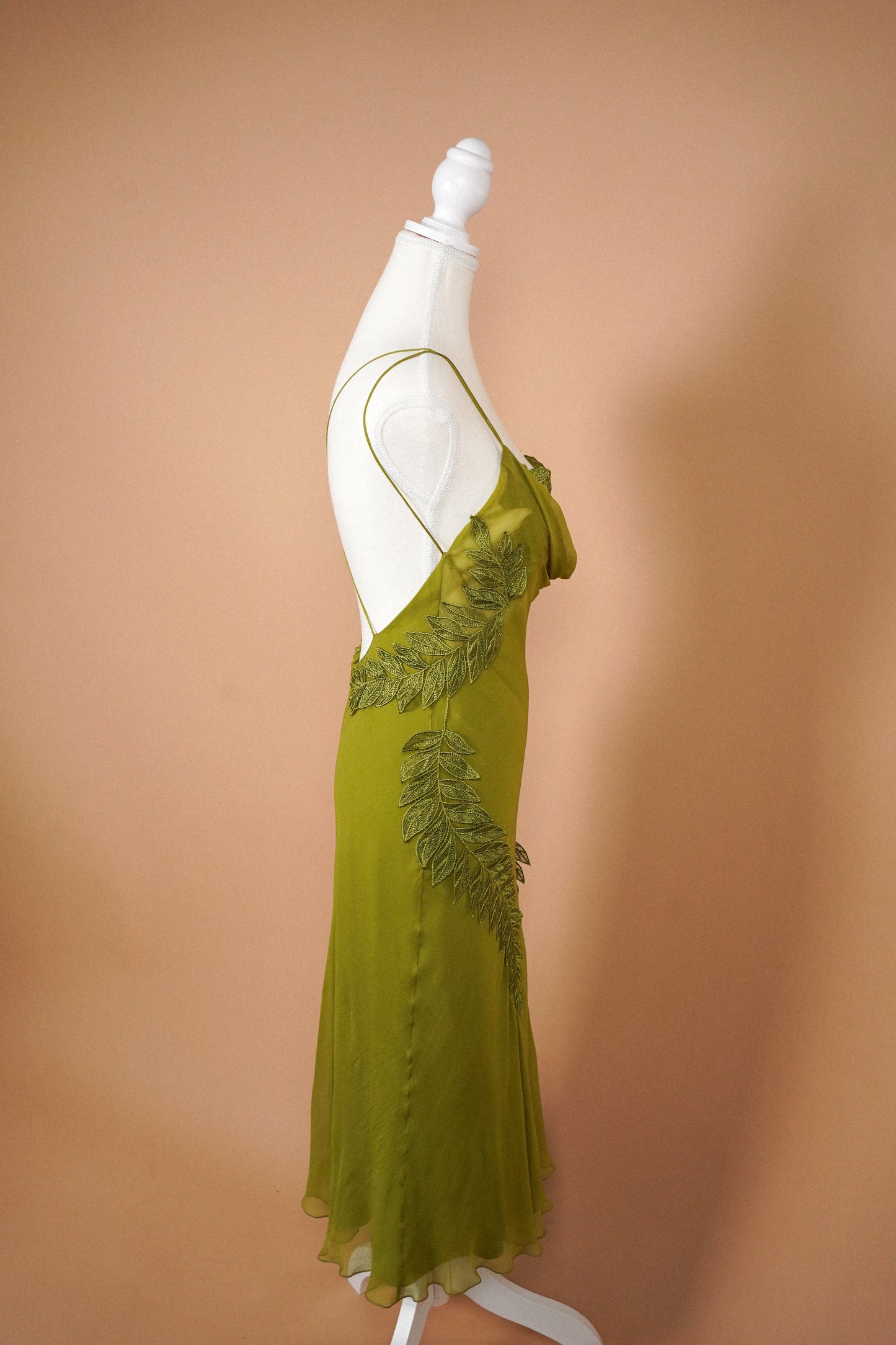 Alberta Ferretti Olive Green Silk Leaf Appliqué Slip Dress (M)