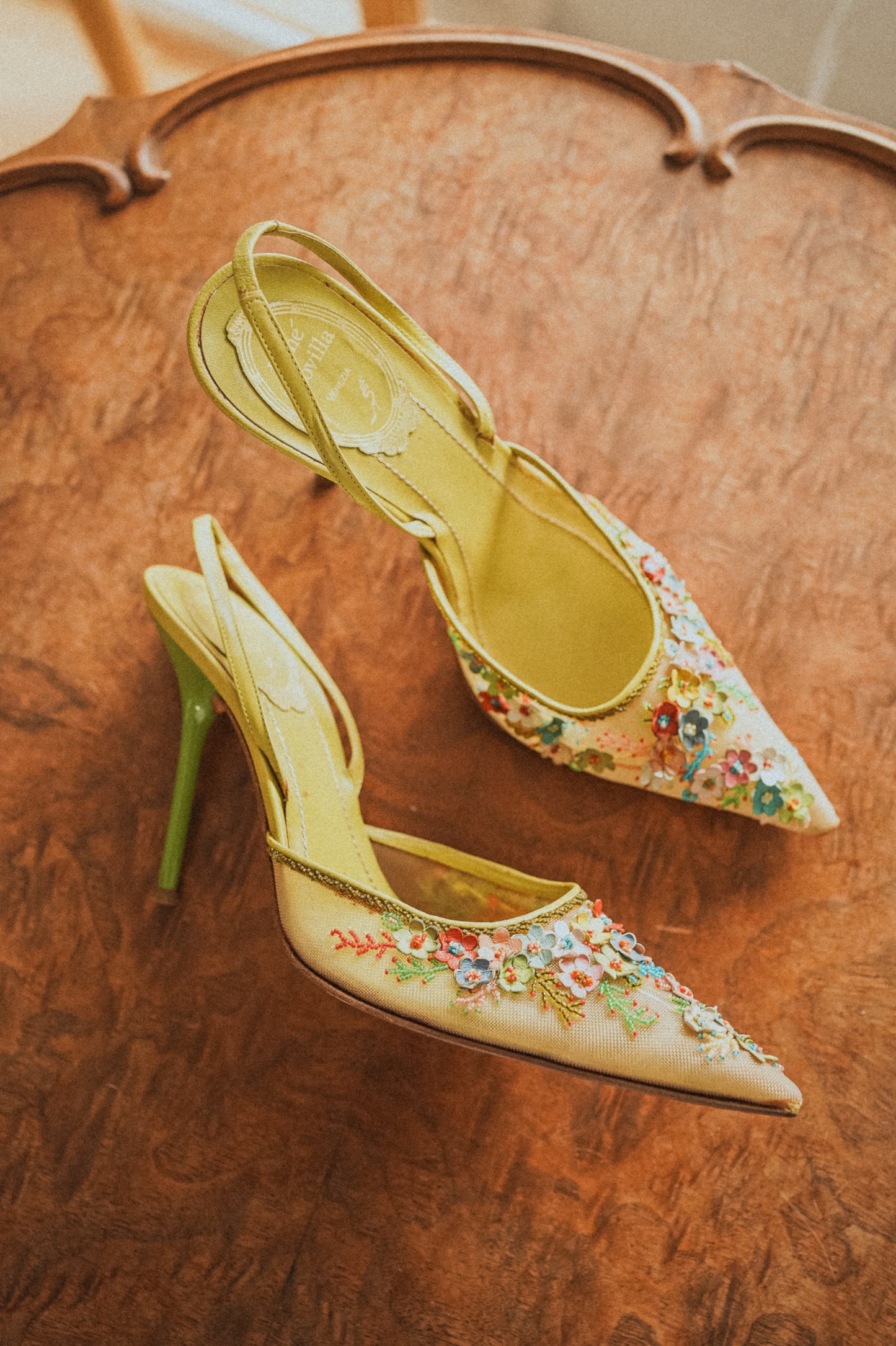 René Caovilla Floral Appliqué Embroidered Slingback Heels (38)