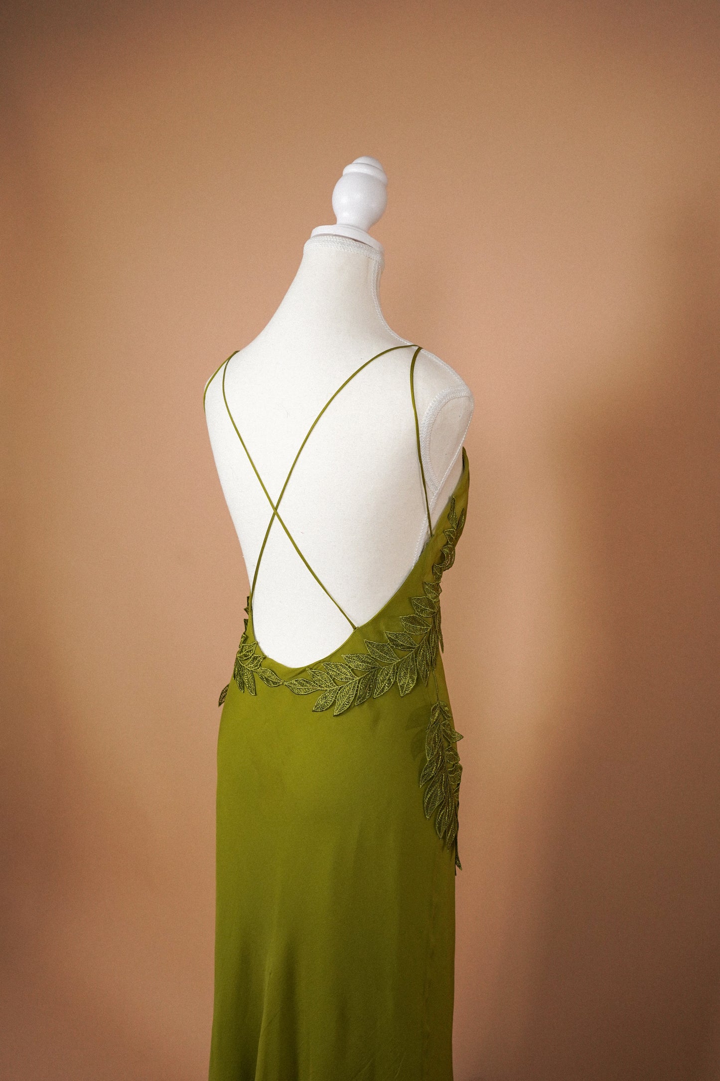 Alberta Ferretti Olive Green Silk Leaf Appliqué Slip Dress (M)