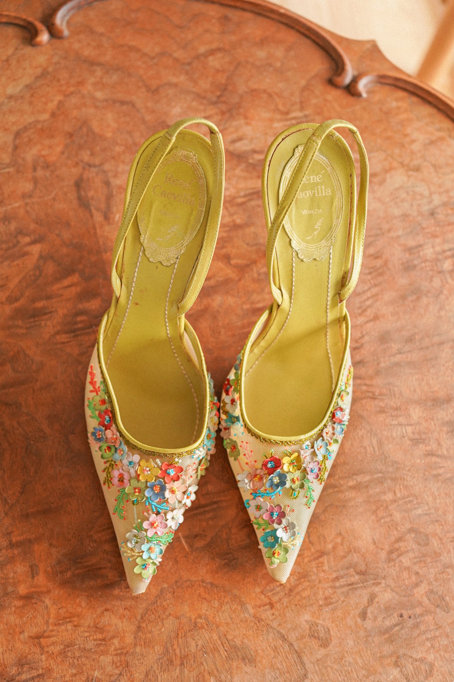 René Caovilla Floral Appliqué Embroidered Slingback Heels (38)