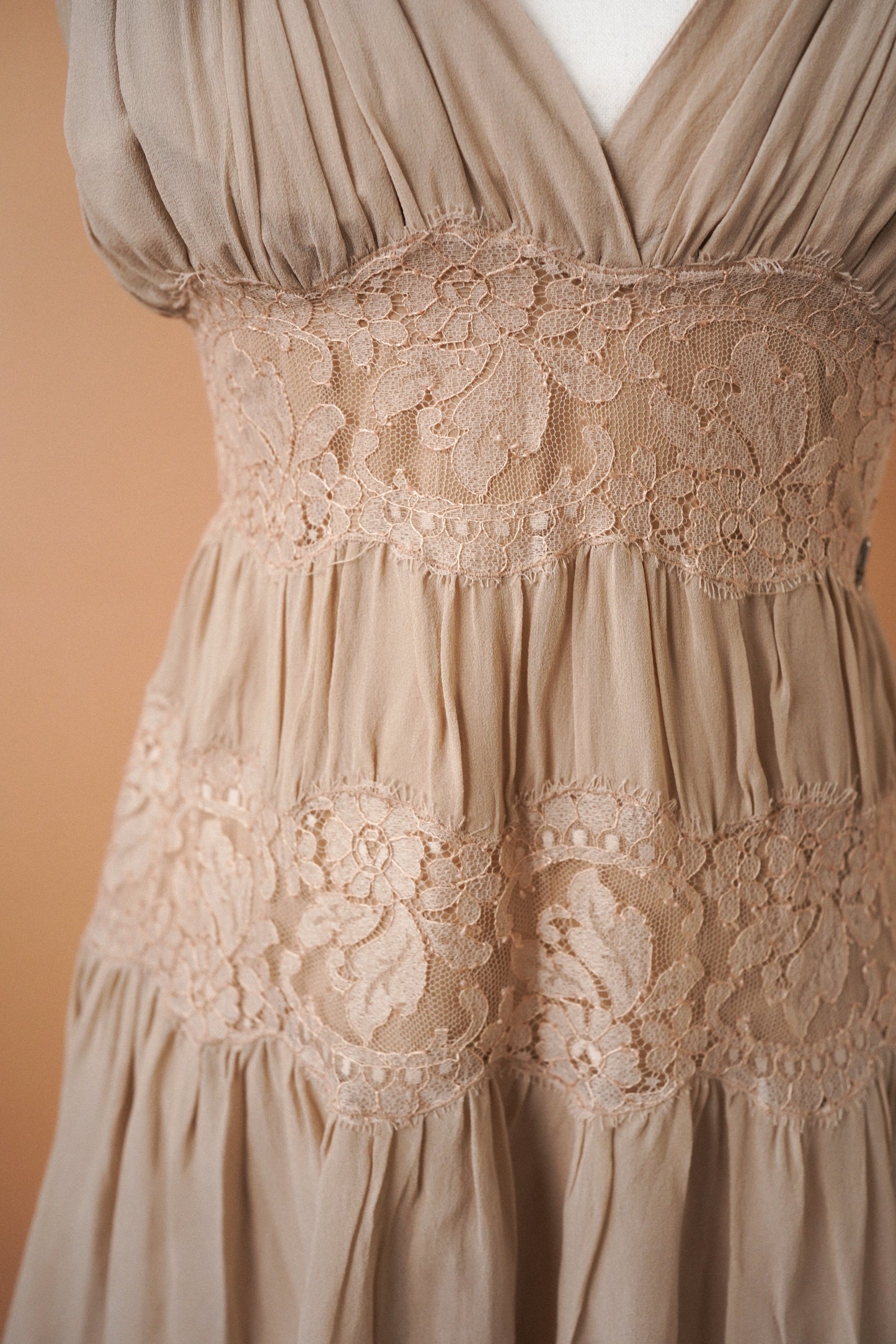 Galliano Nude Lace Mini Dress (M)