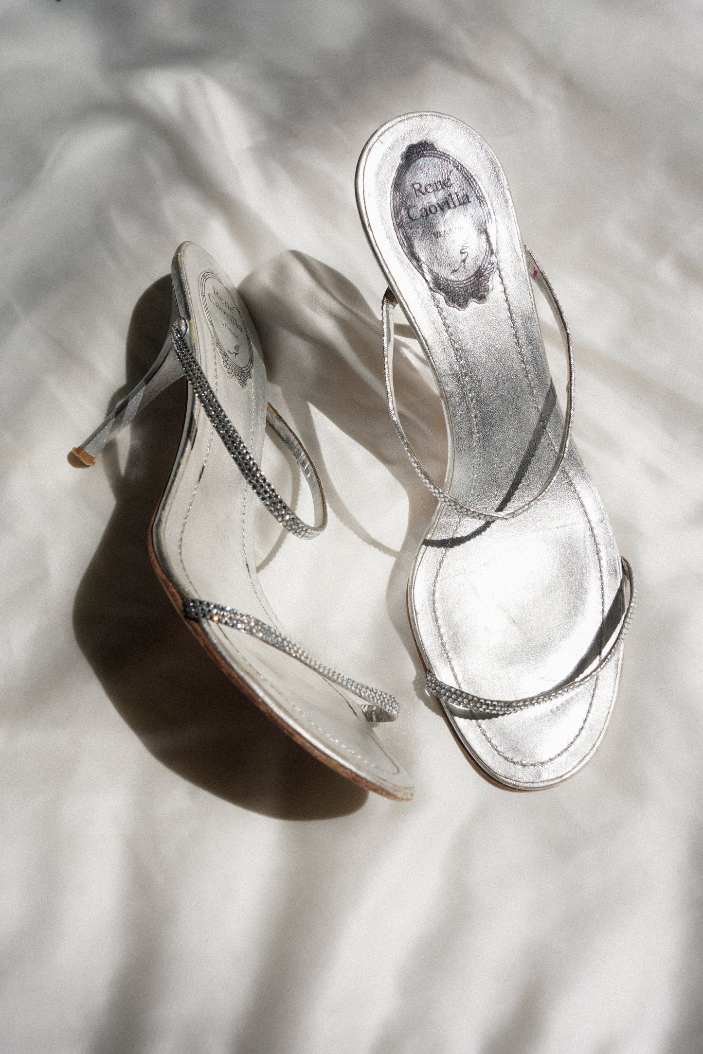 René Caovilla Silver Crystal Strap Mules (39.5)