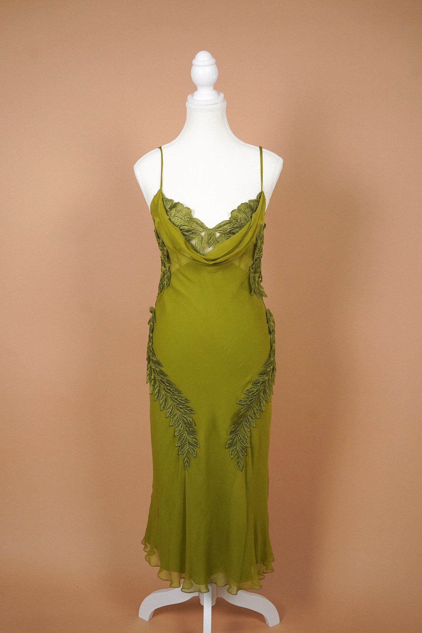 Alberta Ferretti Olive Green Silk Leaf Appliqué Slip Dress (M)
