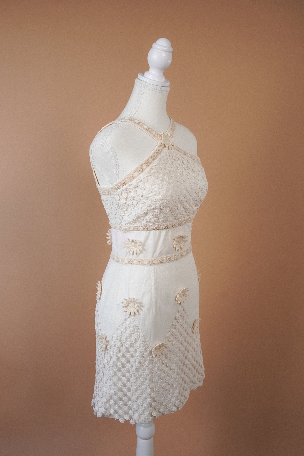 Moschino Cheap and Chic Ivory Floral Crochet Daisy Mini Dress — Side view of the crochet dress