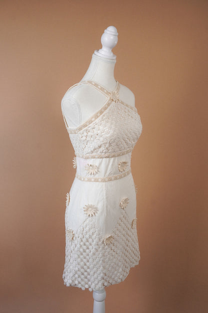 Moschino Cheap and Chic Ivory Floral Crochet Daisy Mini Dress — Side view of the crochet dress