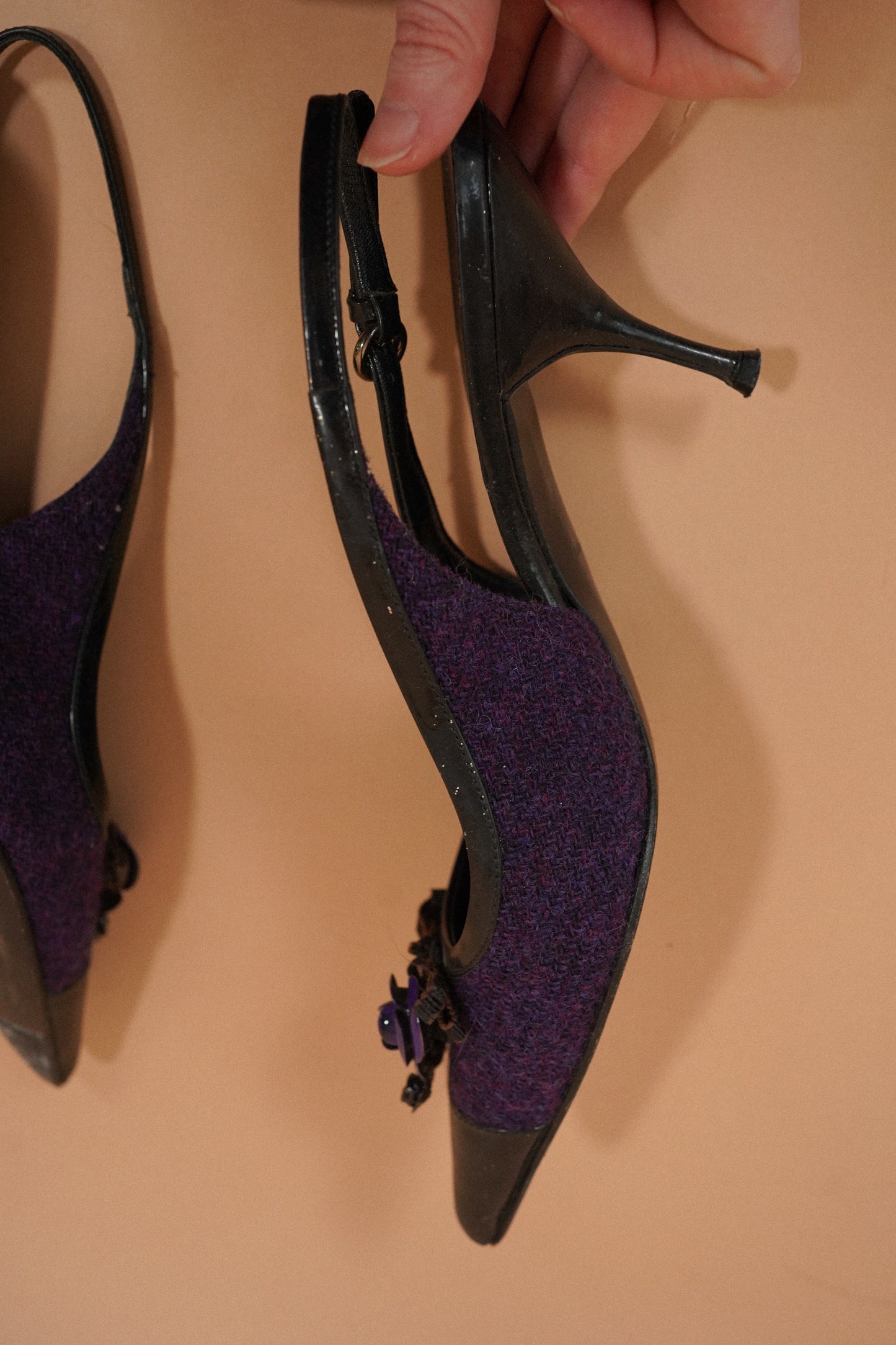 MIU MIU Floral Appliqué Tweed Slingback Heels (37)