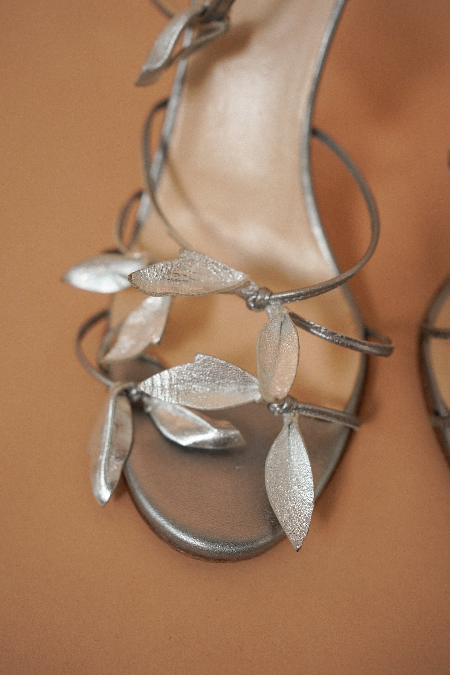Prada Silver Leaf Embellished Strappy Heels (38)