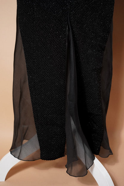 Christian Dior Boutique FW 1995 Runway Black Embellished Evening Gown — Close-up of the skirt and sheer hem