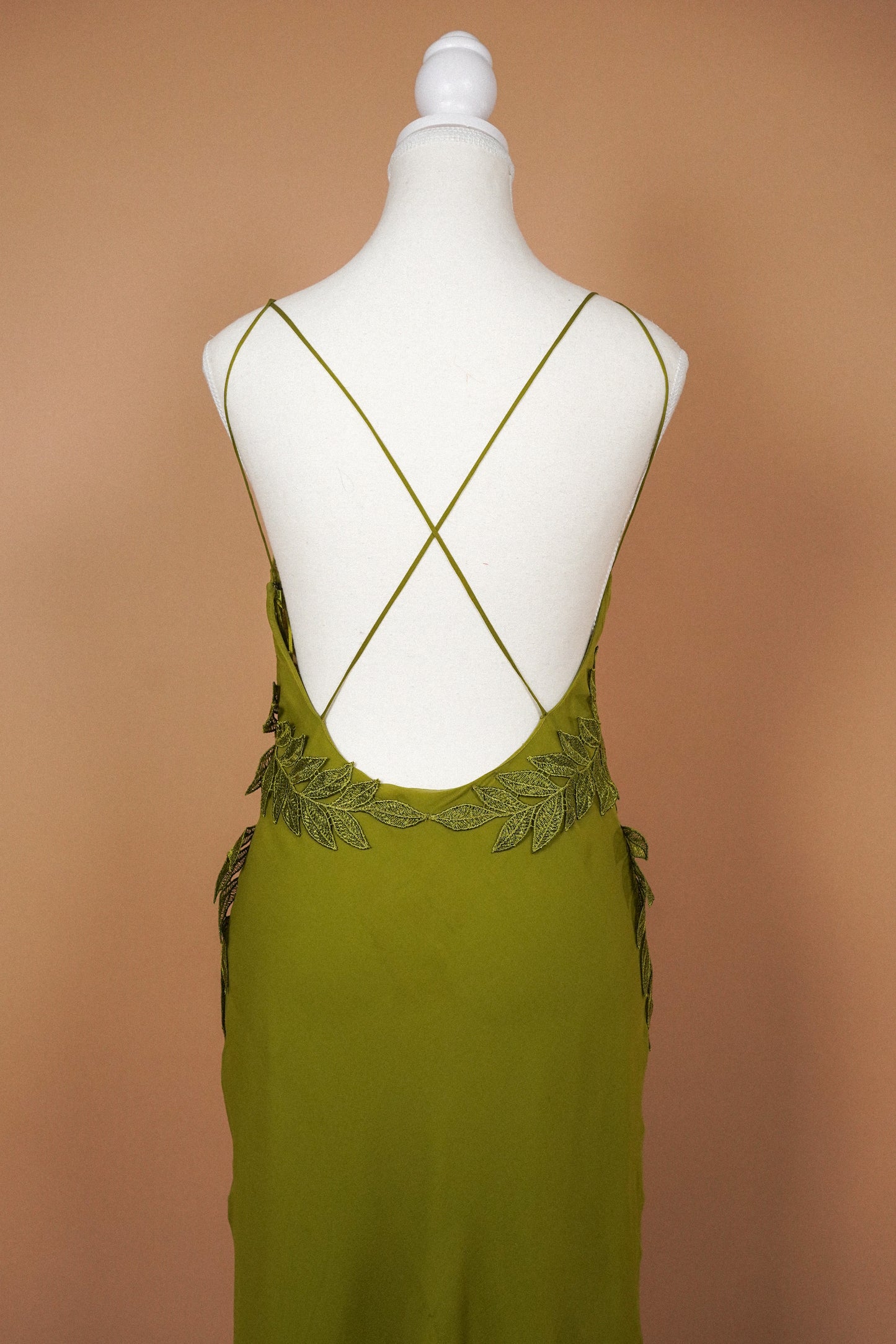 Alberta Ferretti Olive Green Silk Leaf Appliqué Slip Dress (M)