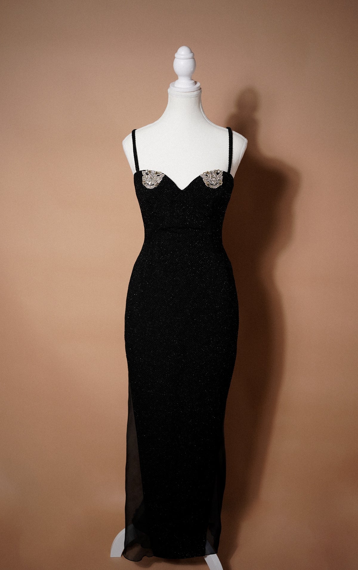 Christian Dior Boutique FW 1995 Runway Black Embellished Evening Gown — Front view of the fitted gown