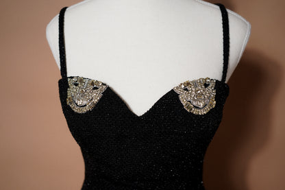 Christian Dior Boutique FW 1995 Runway Black Embellished Evening Gown — Detail of the thin straps and neckline