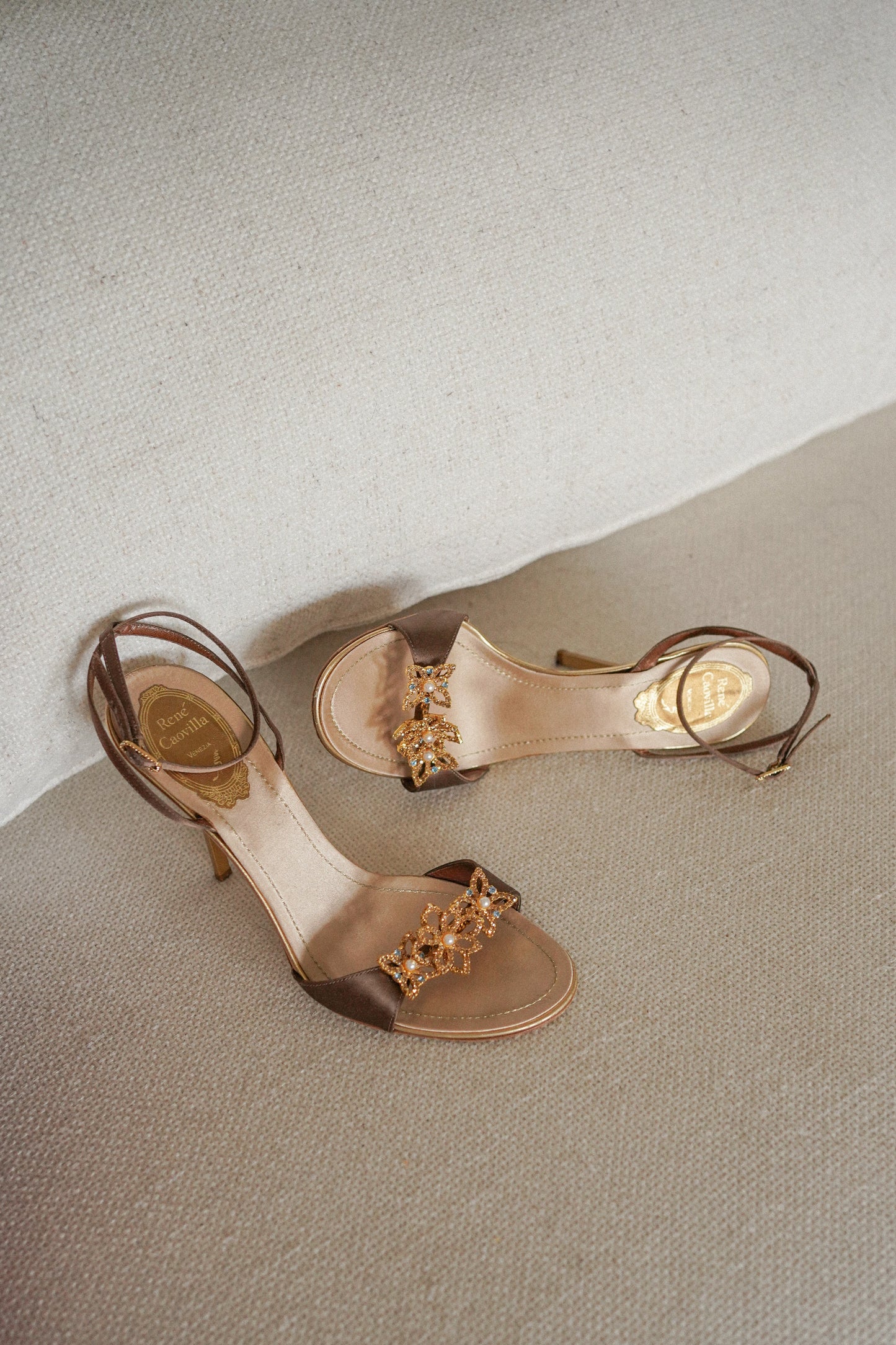René Caovilla Crystal Embellished Flower Satin Ankle Strap Heels (38)