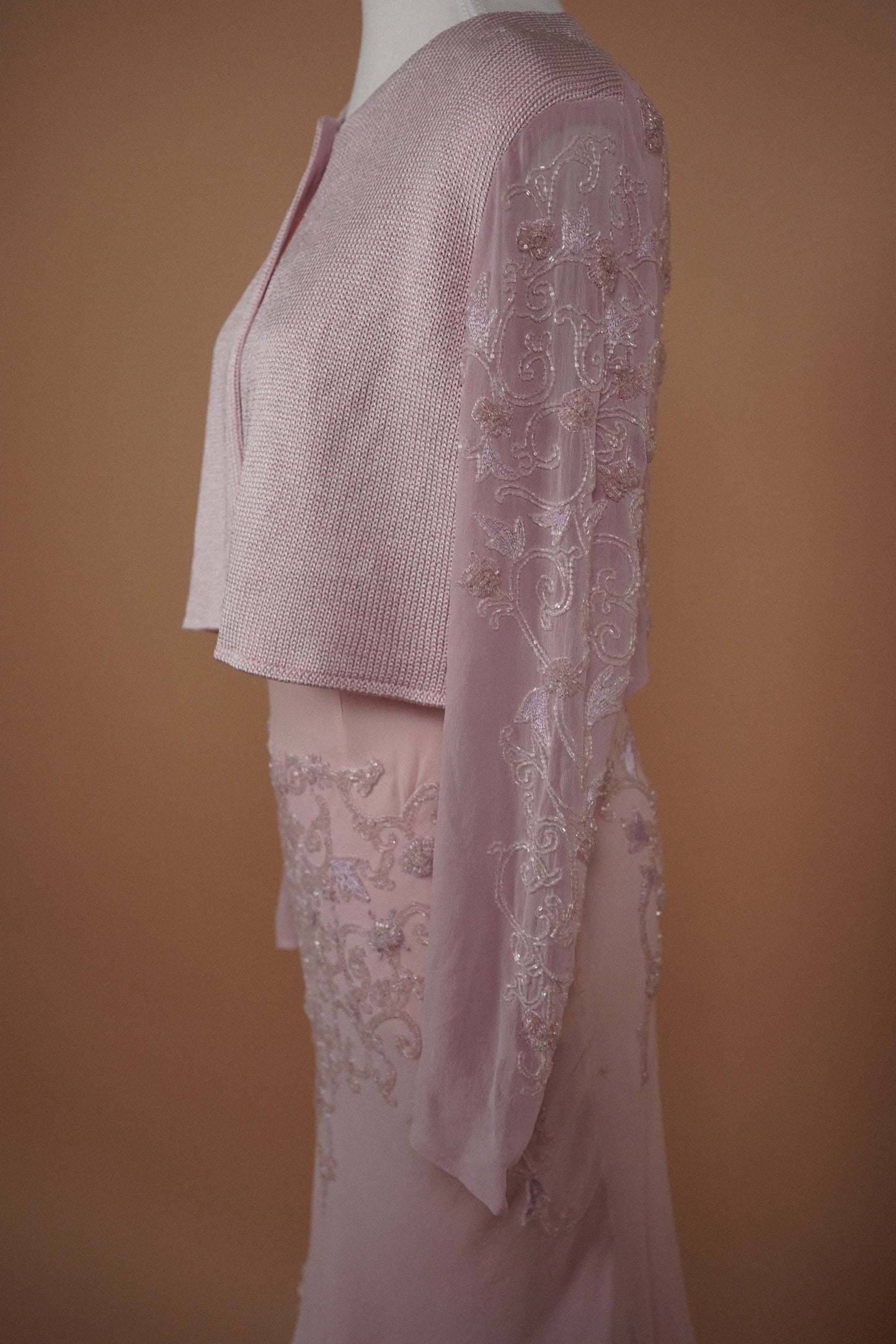 Alberta Ferretti Beaded Pink Dress and Cardigan Set (M-L)