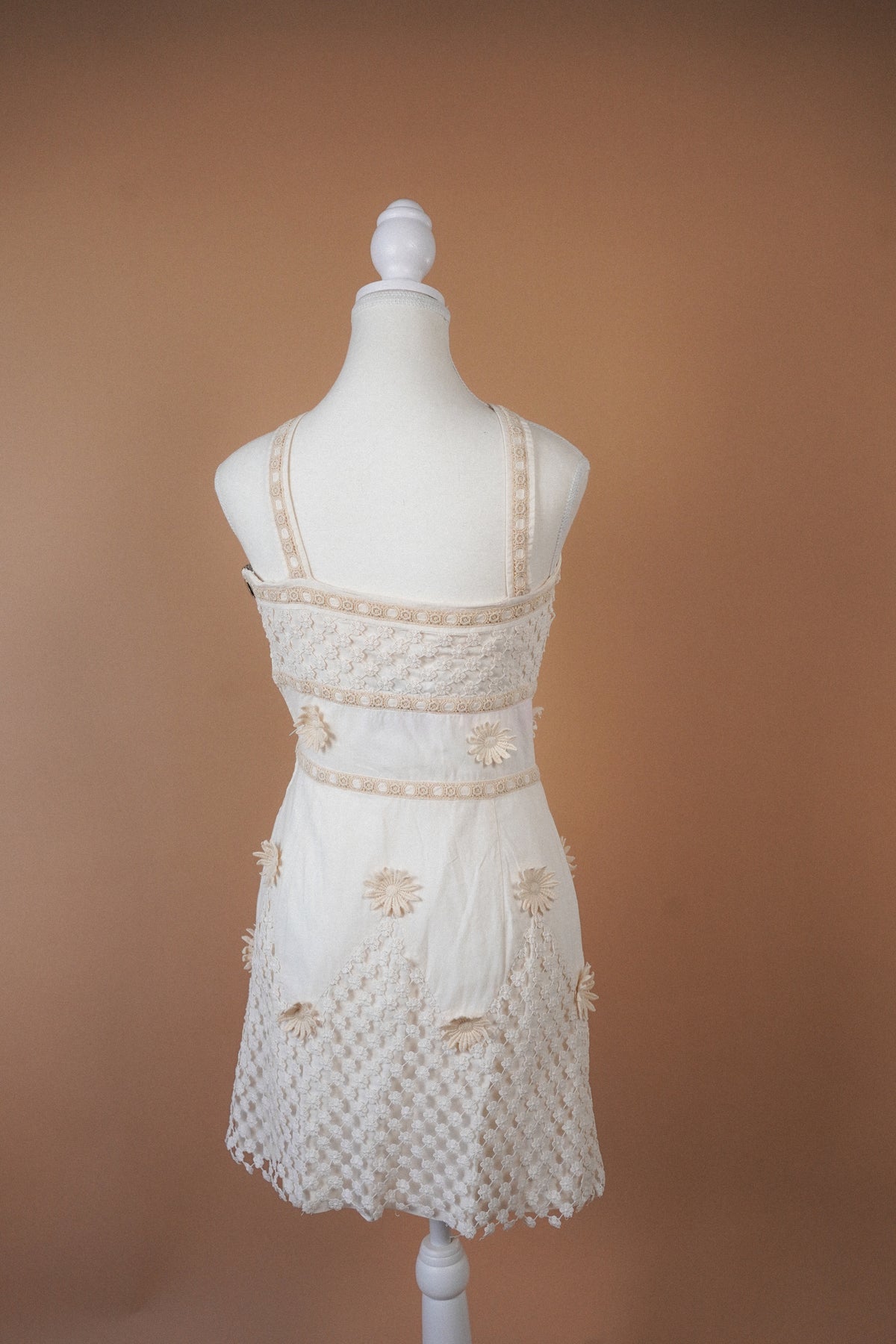 Moschino Cheap and Chic Ivory Floral Crochet Daisy Mini Dress — Full back view of the dress