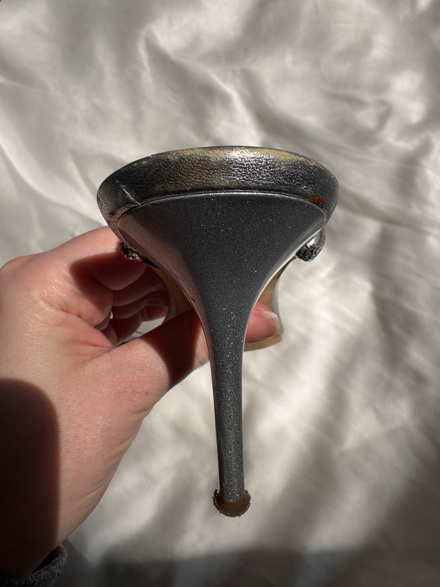 René Caovilla Silver Crystal Strap Mules (39.5)