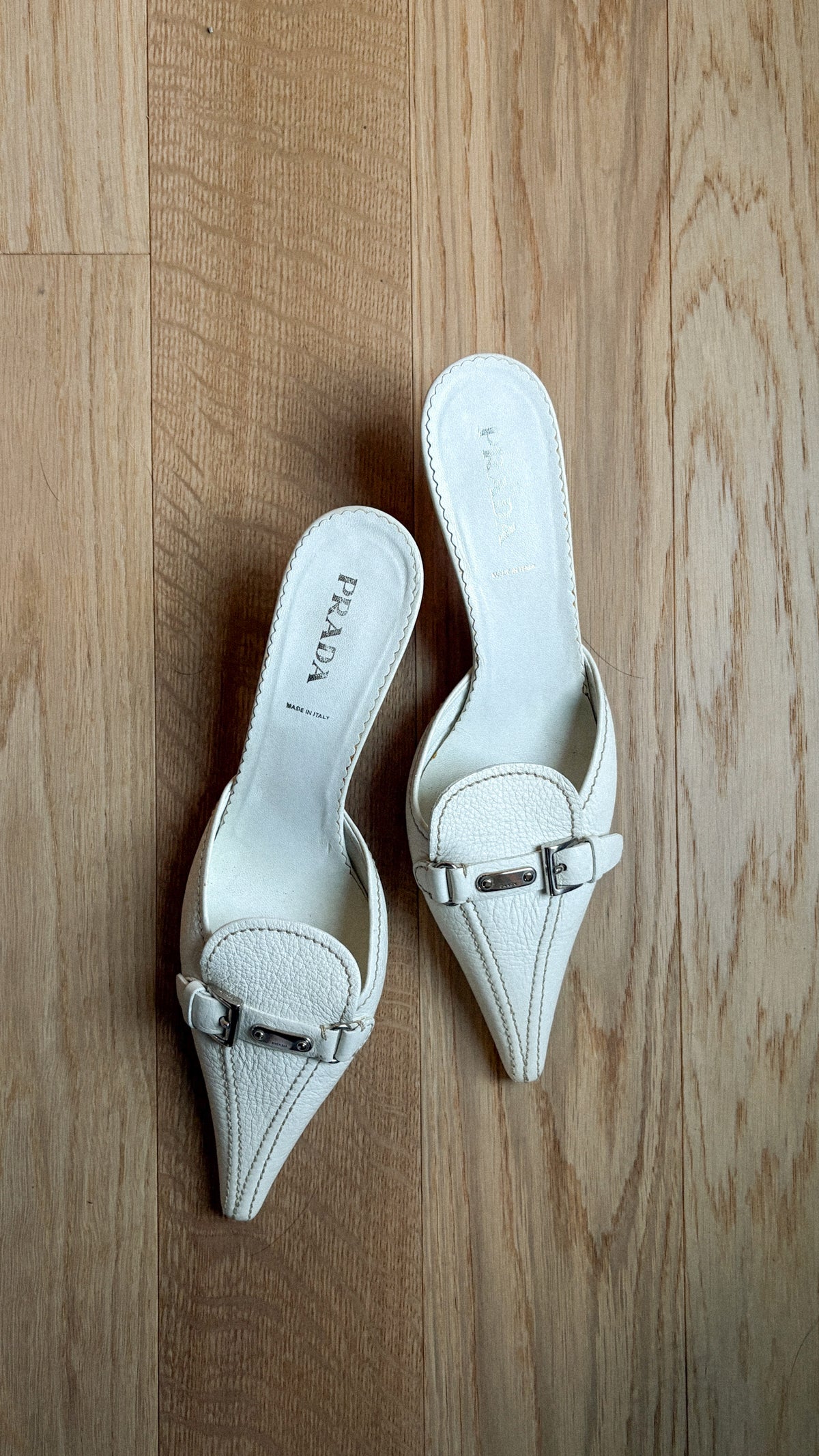 Prada White Leather Buckle Mules (39.5)