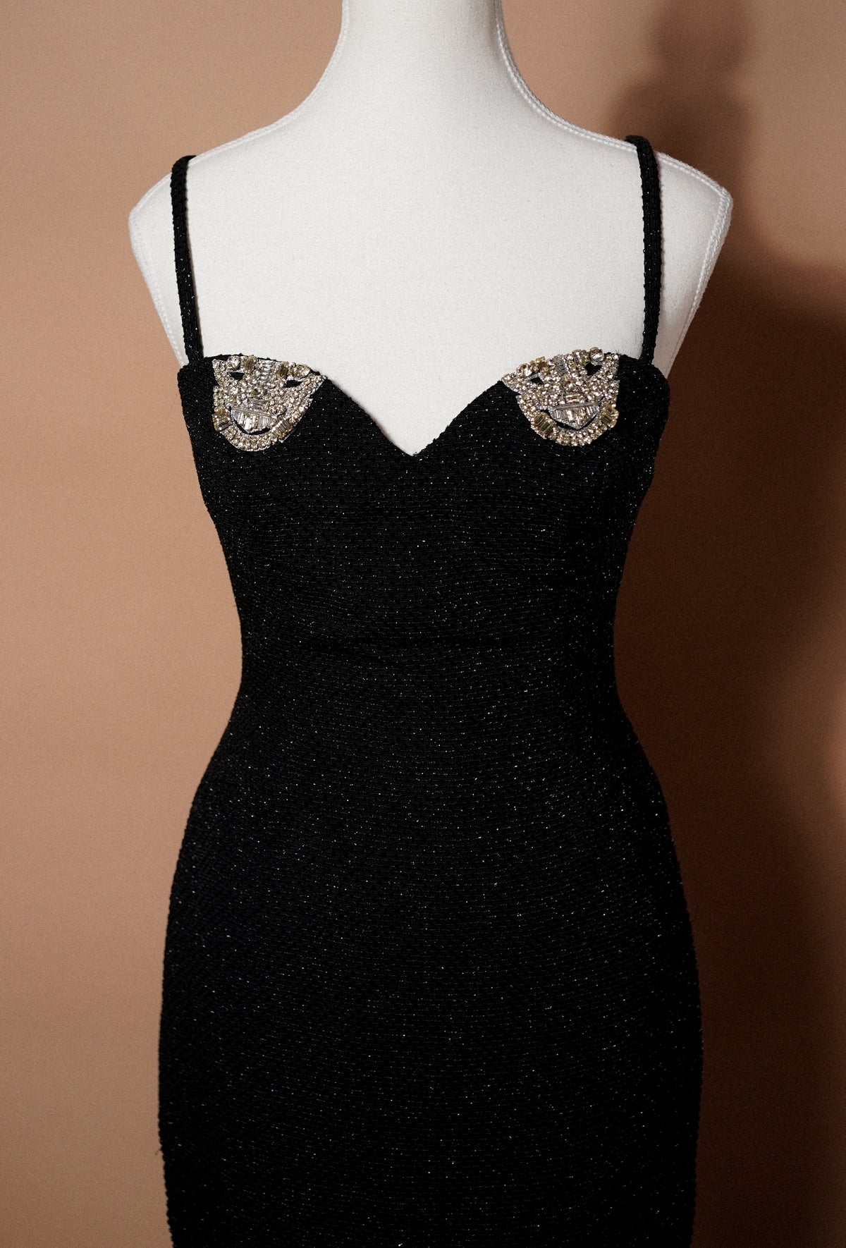 Christian Dior Boutique FW 1995 Runway Black Embellished Evening Gown — Close-up of the crystal-embellished neckline