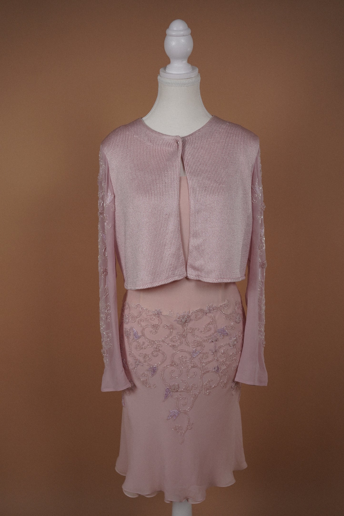 Alberta Ferretti Beaded Pink Dress and Cardigan Set (M-L)