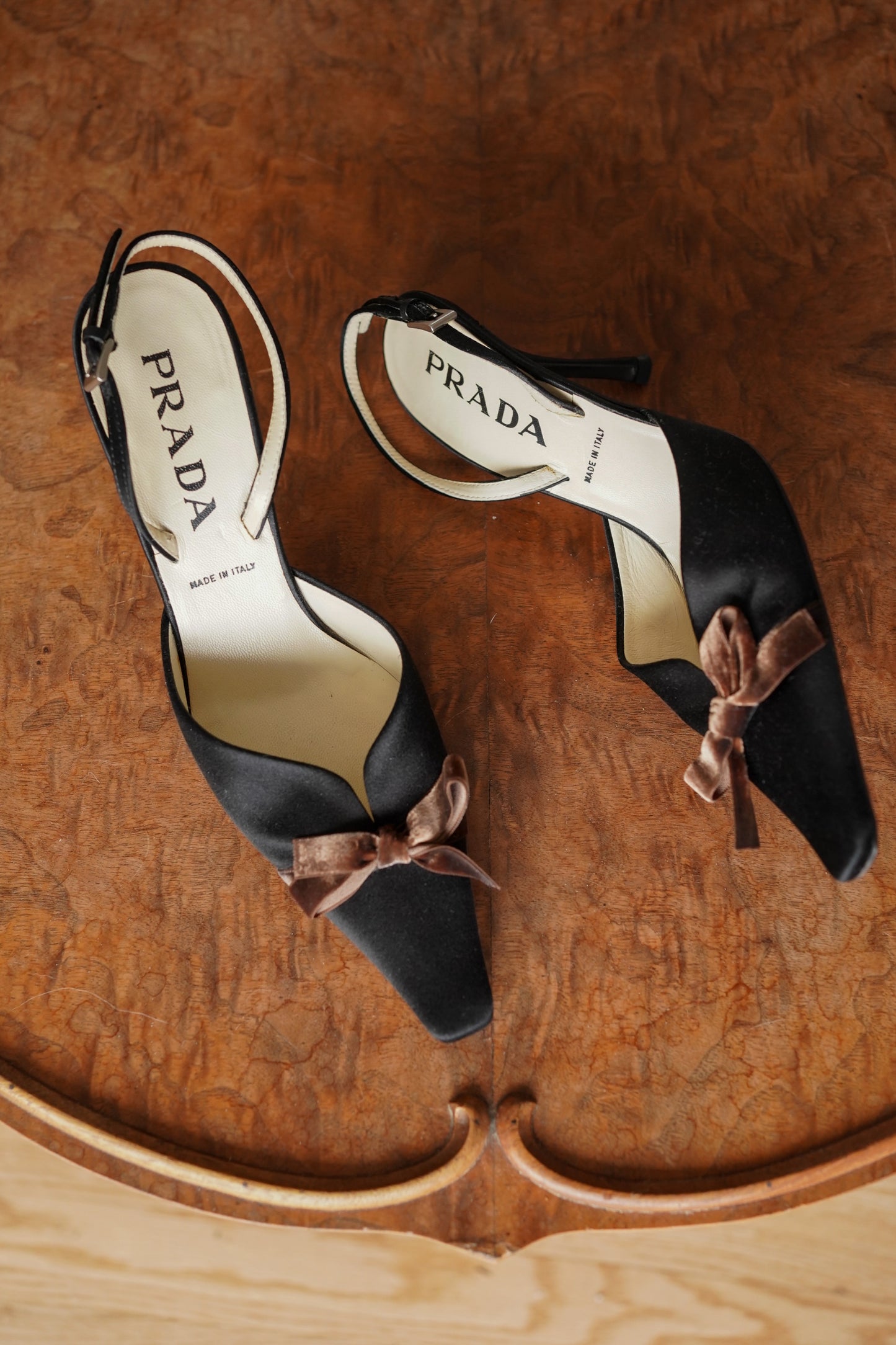 Prada Black Satin Bow Slingback Heels (36)