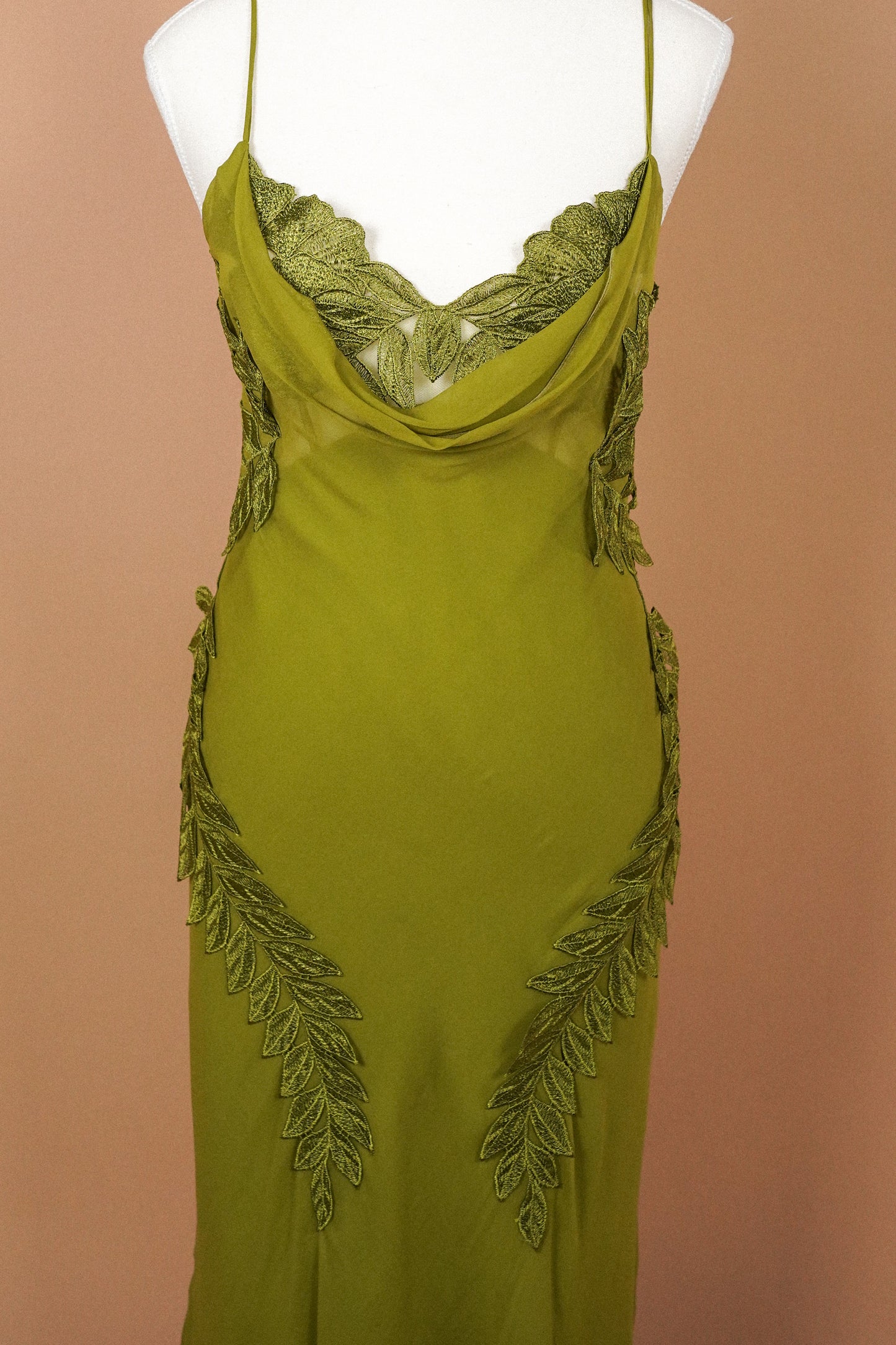 Alberta Ferretti Olive Green Silk Leaf Appliqué Slip Dress (M)