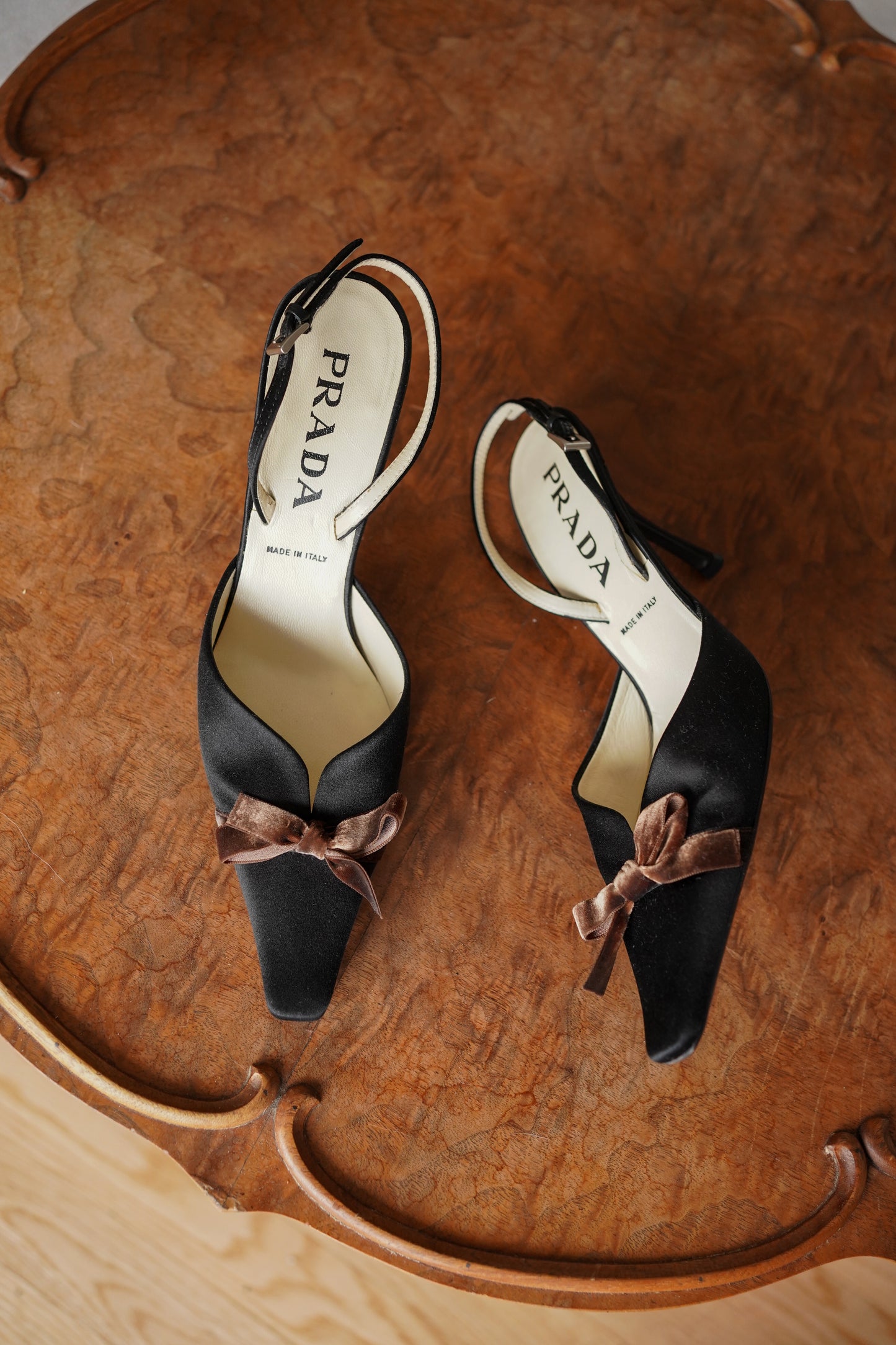 Prada Black Satin Bow Slingback Heels (36)