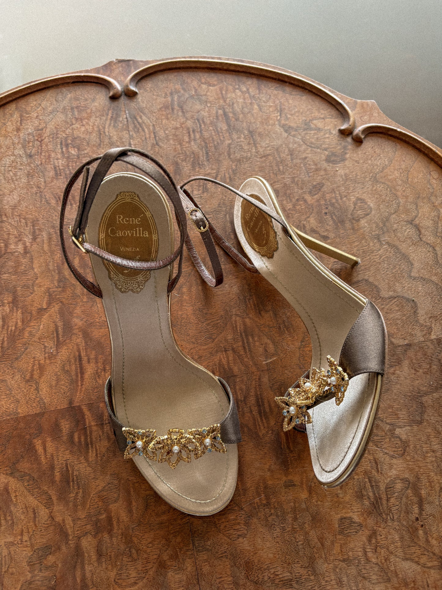 René Caovilla Crystal Embellished Flower Satin Ankle Strap Heels (38)