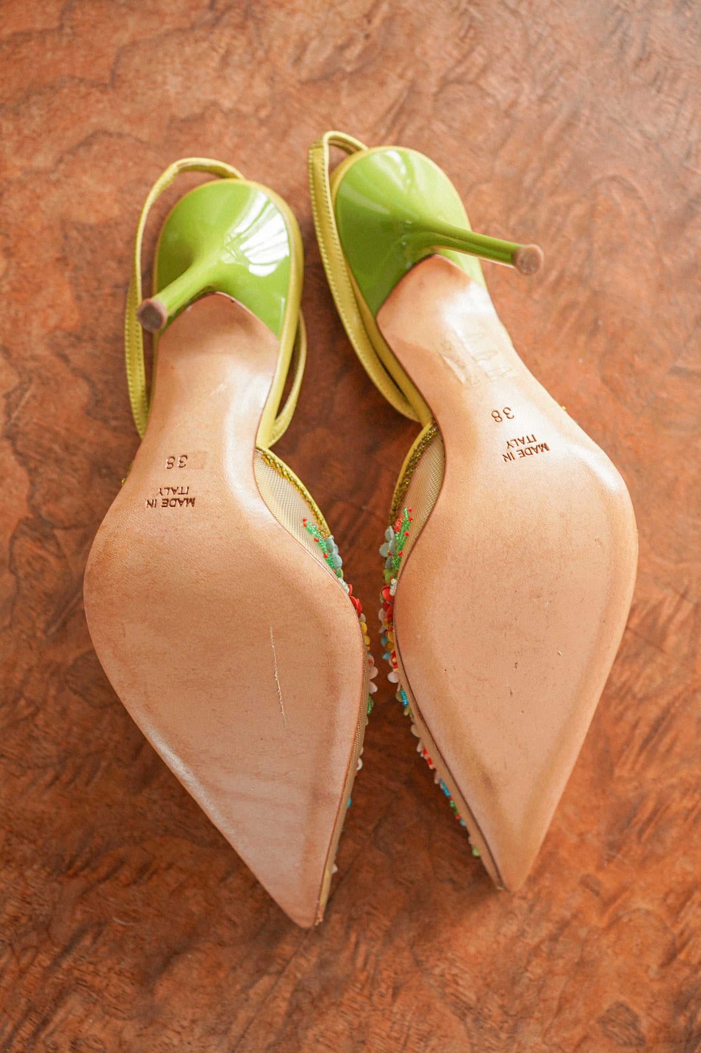 René Caovilla Floral Appliqué Embroidered Slingback Heels (38)