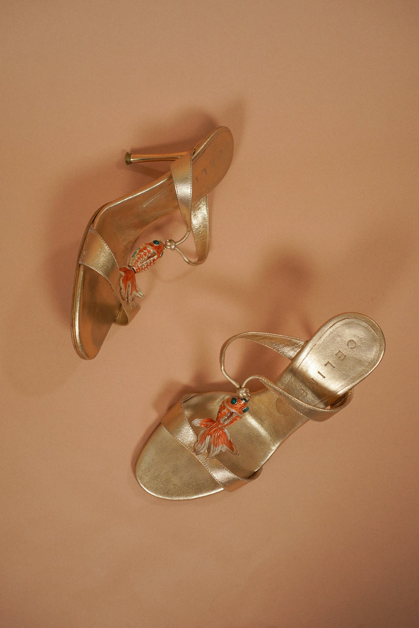 CELINE Goldfish Charm Metallic Leather Heeled Sandals (35.5)