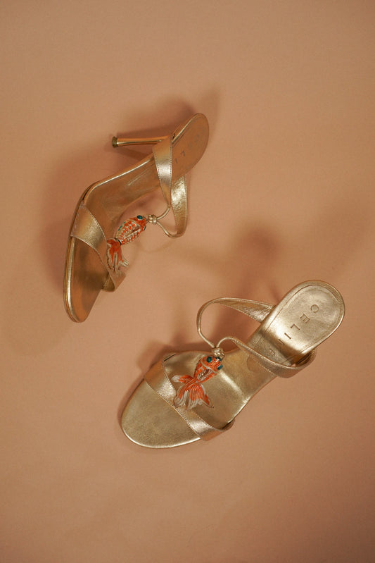 CELINE Goldfish Charm Metallic Leather Heeled Sandals (35.5)