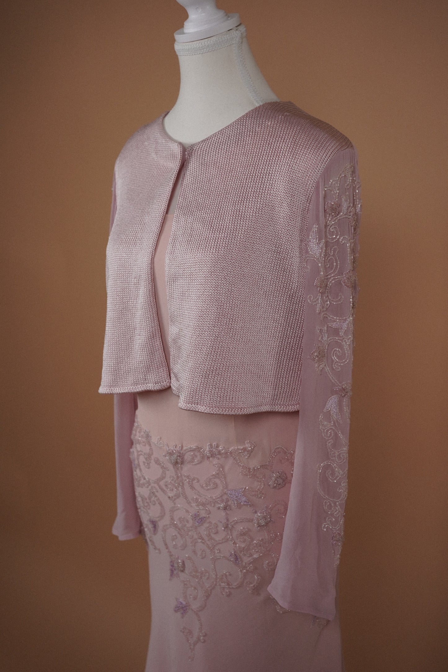 Alberta Ferretti Beaded Pink Dress and Cardigan Set (M-L)