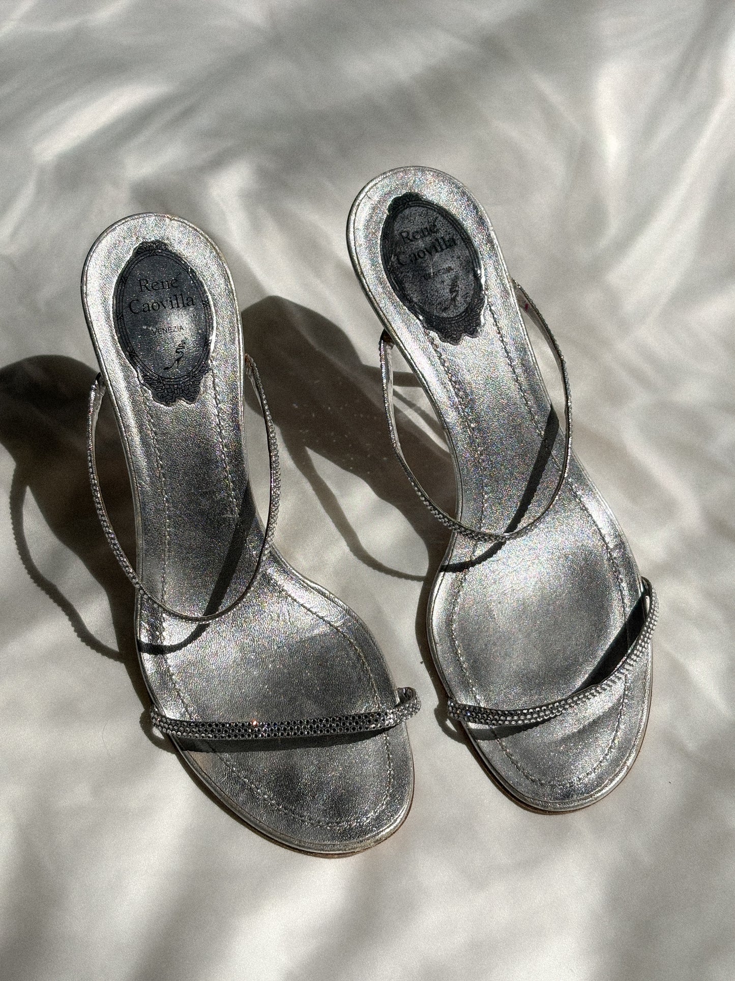 René Caovilla Silver Crystal Strap Mules (39.5)