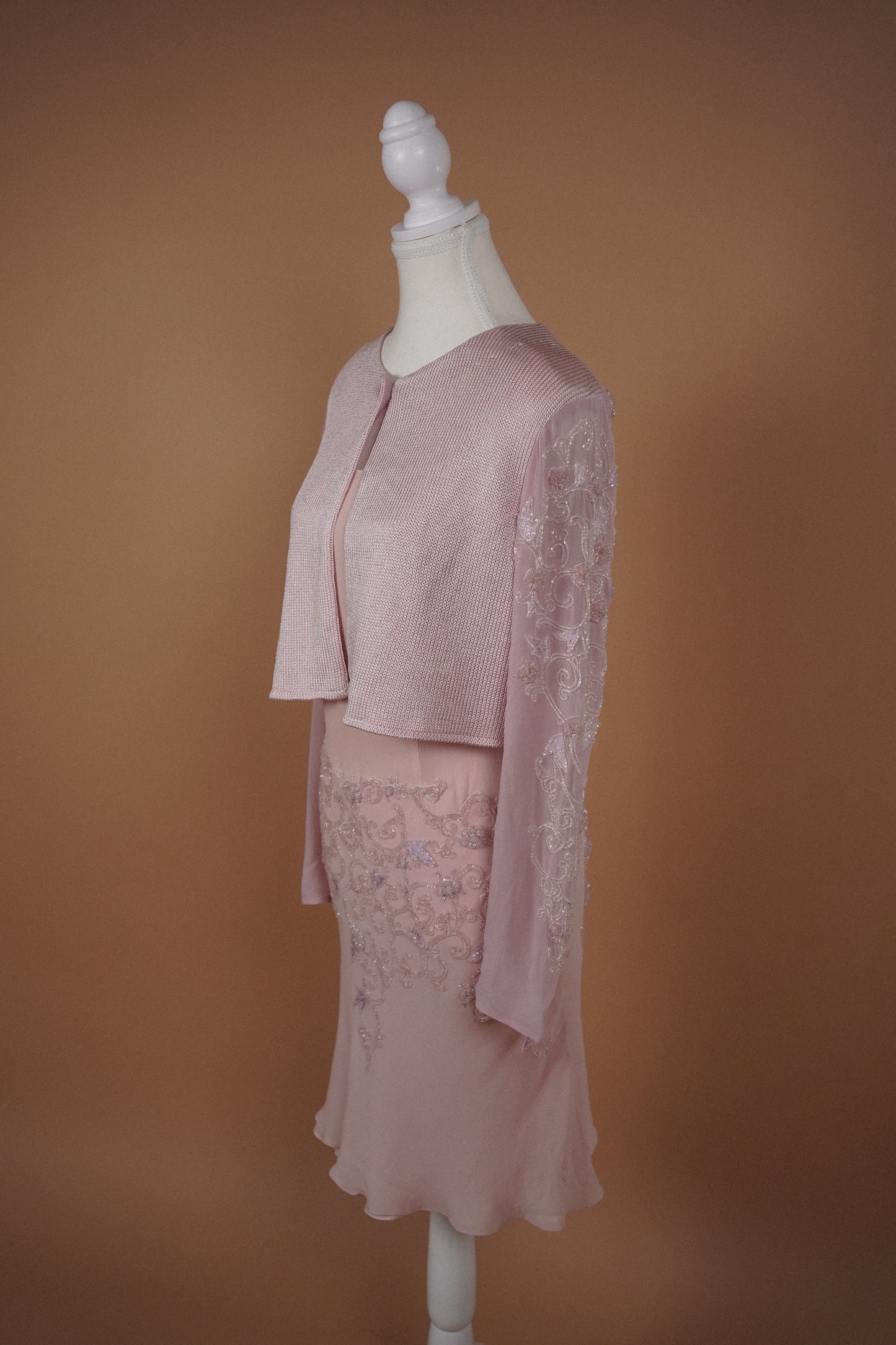 Alberta Ferretti Beaded Pink Dress and Cardigan Set (M-L)