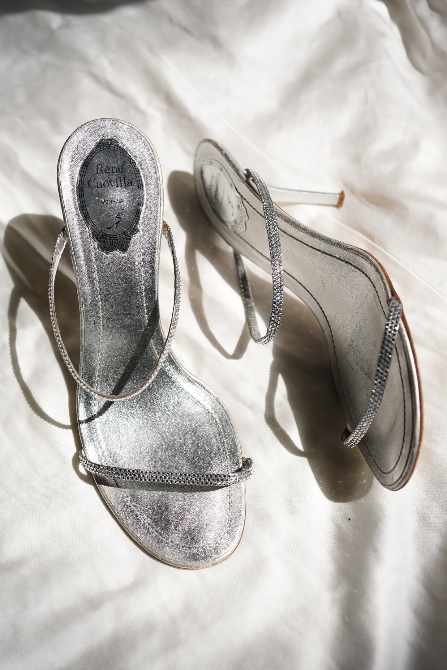 René Caovilla Silver Crystal Strap Mules (39.5)