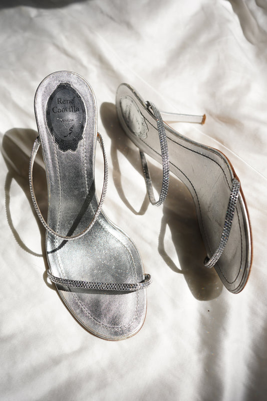 René Caovilla Silver Crystal Strap Mules (39.5)