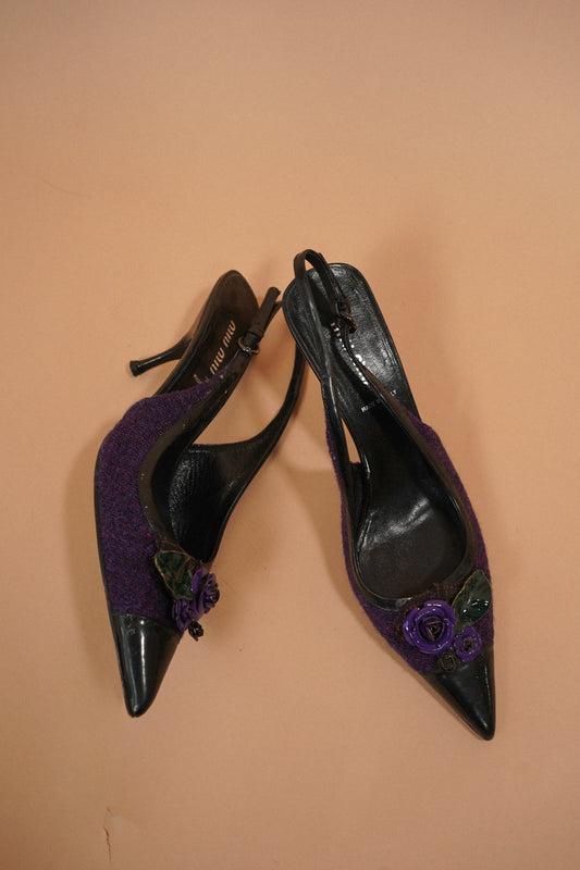 MIU MIU Floral Appliqué Tweed Slingback Heels (37)
