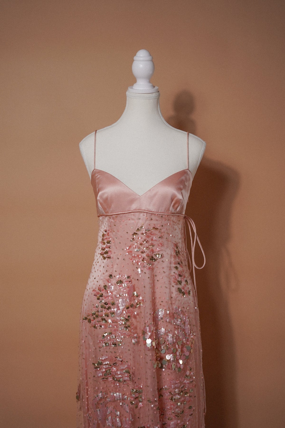 Valentino 00’s Pink Sequin Embellished Evening Gown — Front view of the neckline and bodice