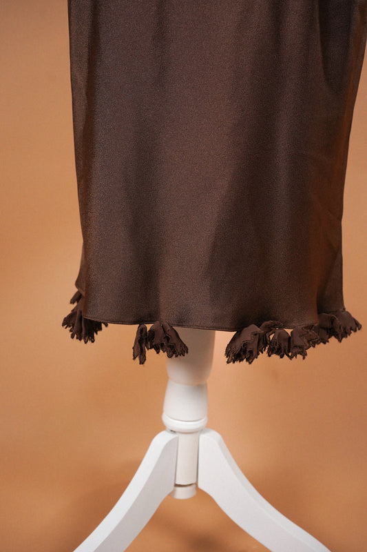 John Galliano SS 2001 Chocolate Brown Skirt — Close-up of the fringed skirt hem