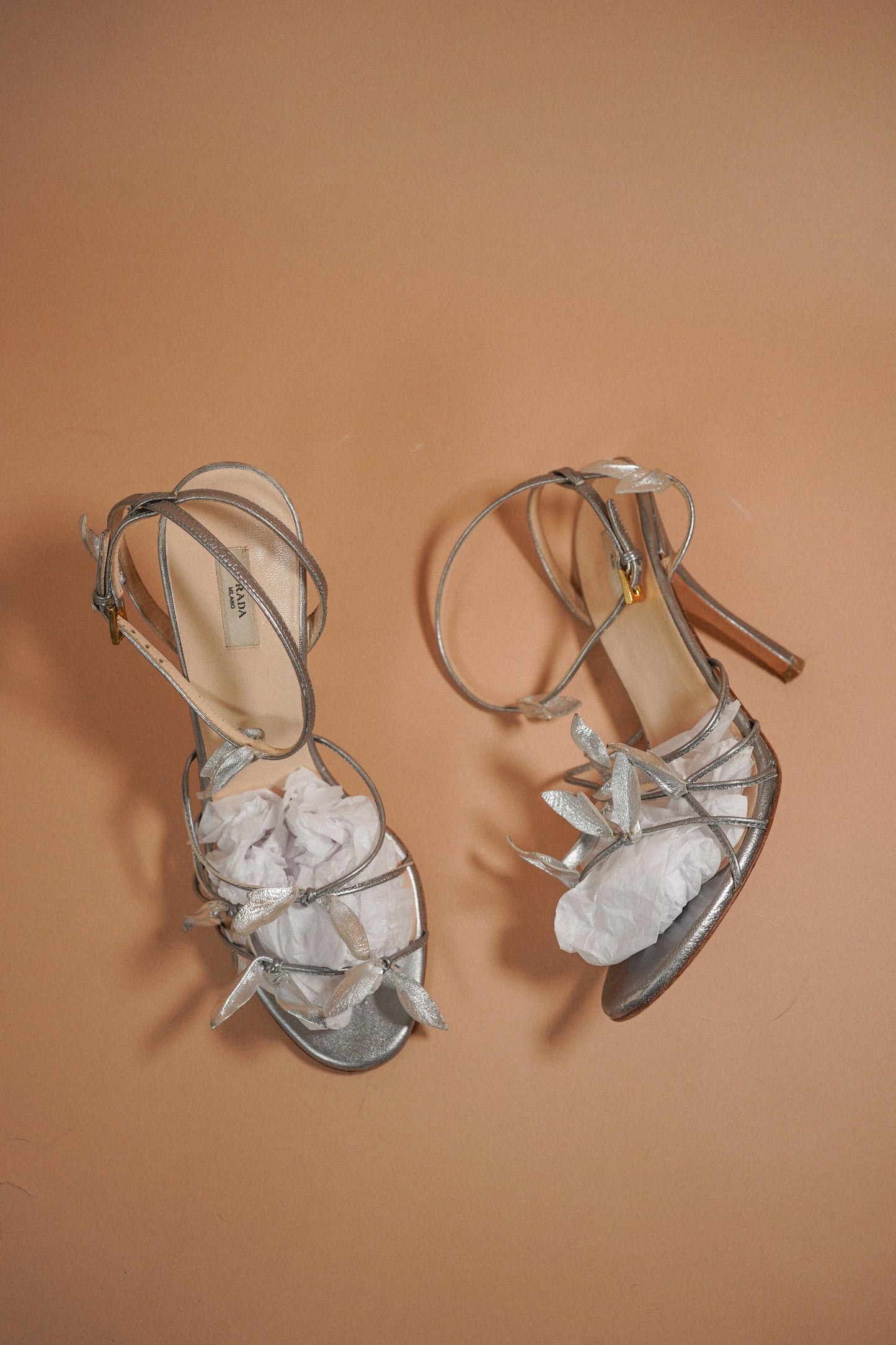 Prada Silver Leaf Embellished Strappy Heels (38)