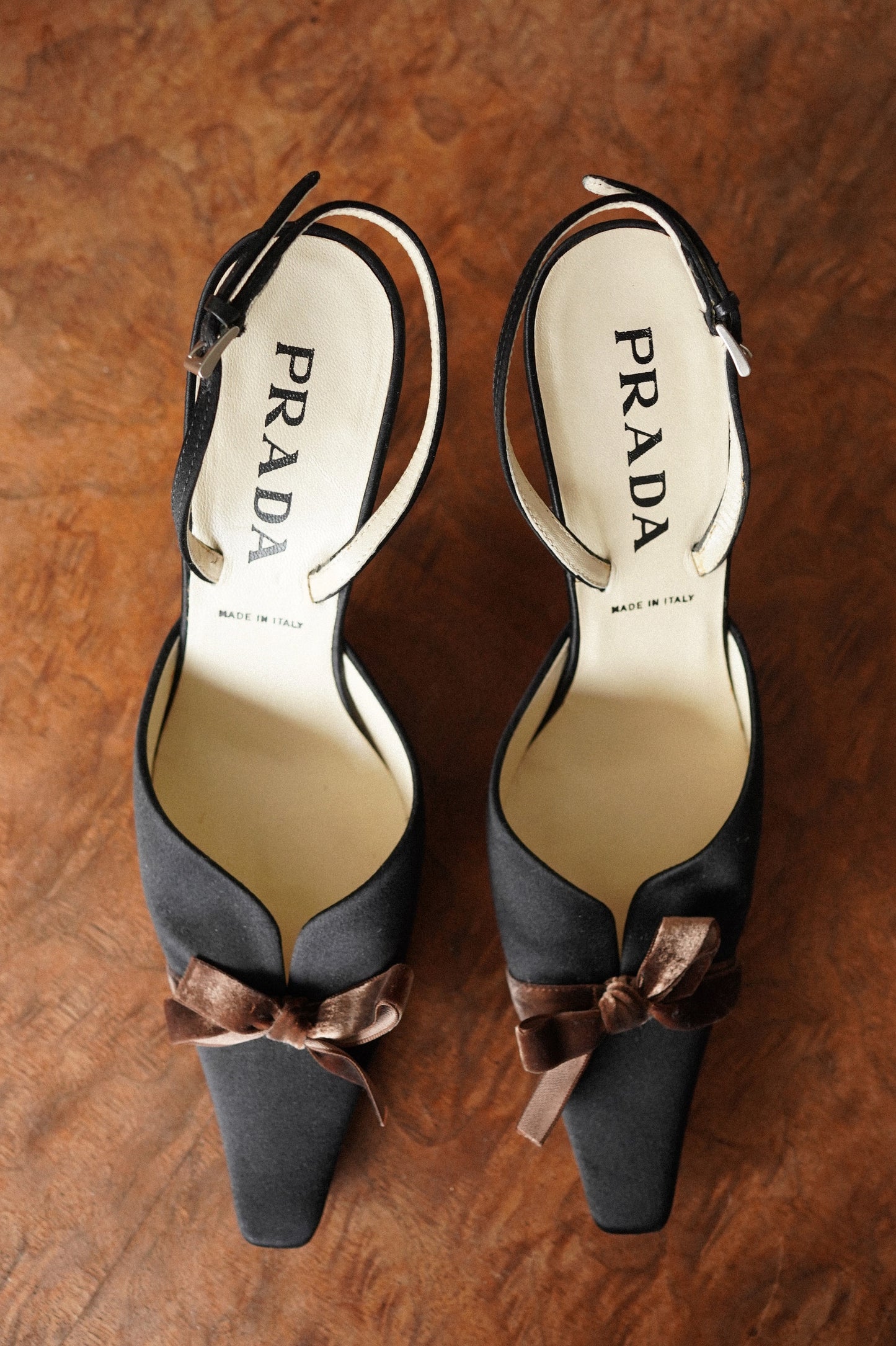 Prada Black Satin Bow Slingback Heels (36)