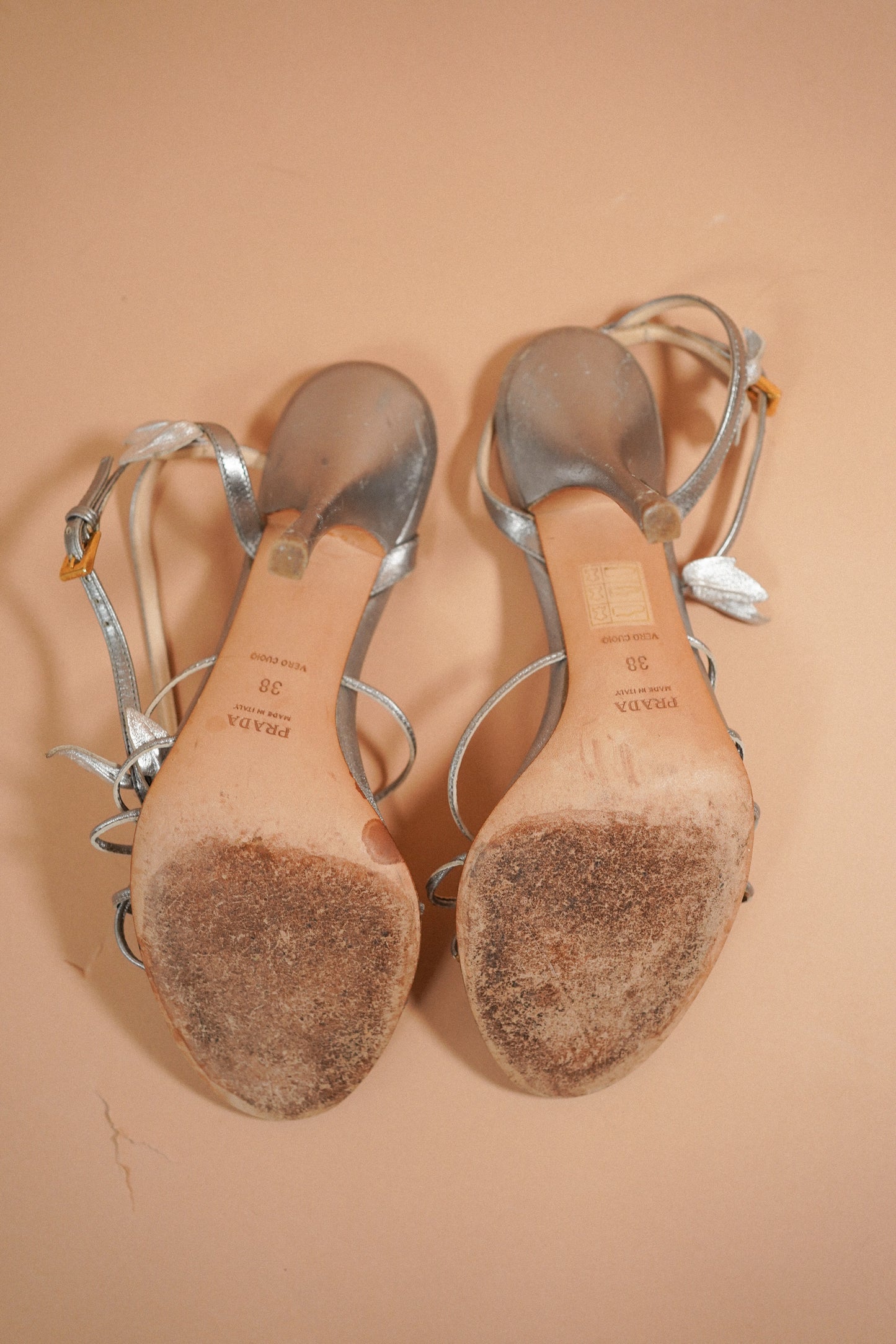 Prada Silver Leaf Embellished Strappy Heels (38)
