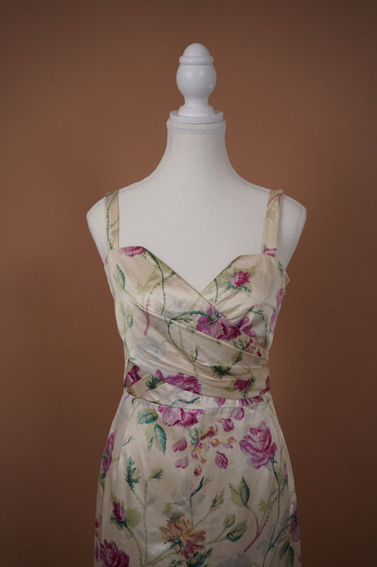 Christian Dior Cream & Floral Dress — Close-up of the floral bodice and shoulder straps